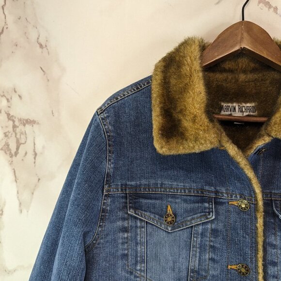 Vintage Y2K Denim Jacket Women Large Faux Fur Trim Crop Penny Lane Coat Mob - Picture 2 of 10